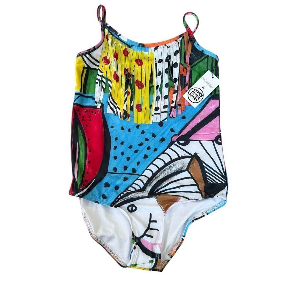 Swiminista X James Peter Henry girls Sydney print fringe swimsuit XL New
